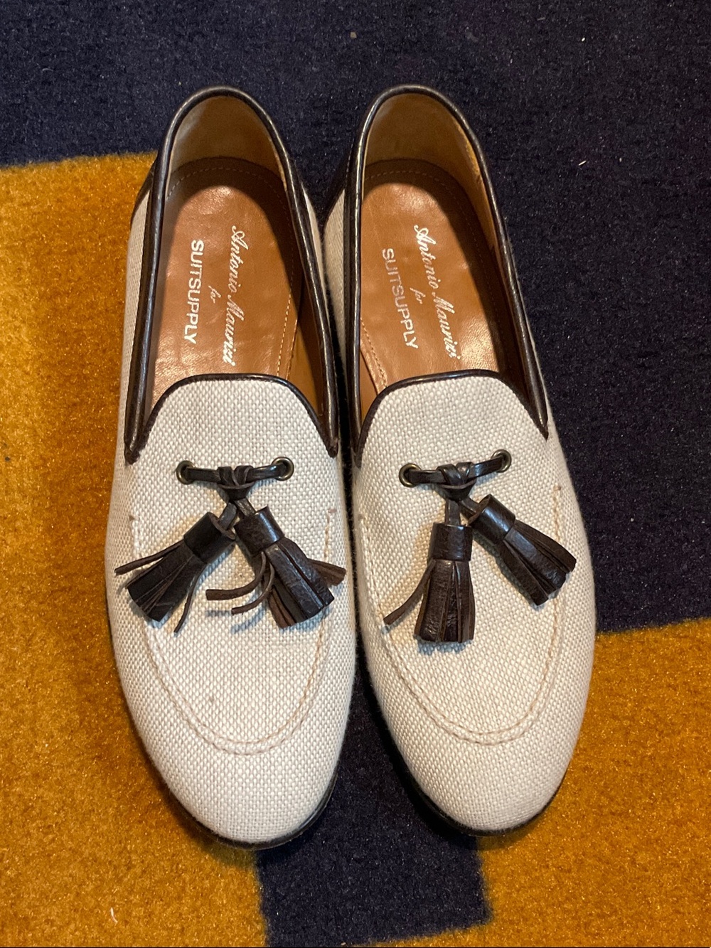 Suitsupply Beige Canvas Tassel Loafers with Brown Leather Trim